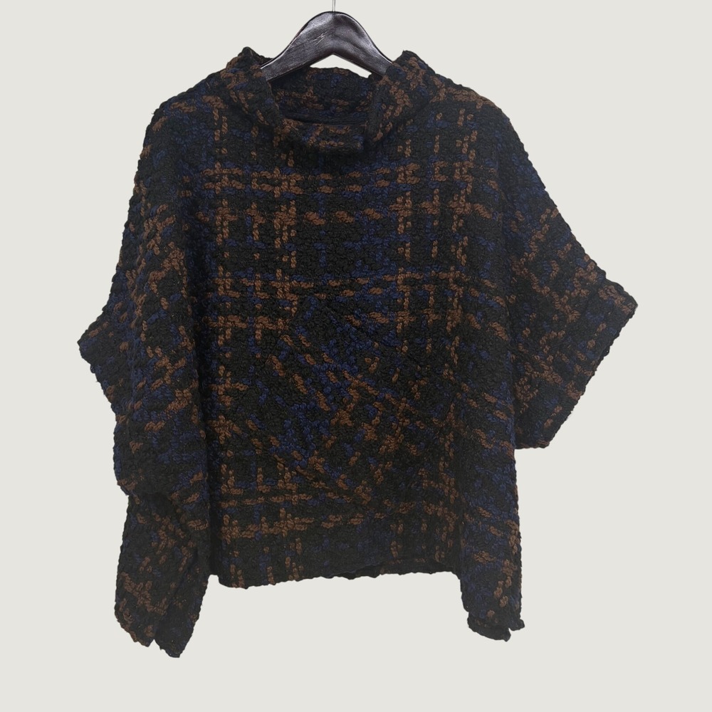 Coco + Carmen Chunky Plaid Boucle Poncho Sweater Funnel Neck Blue Brown OS